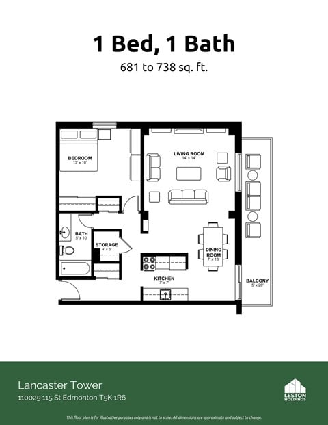 Floor plan for 1 bed, 1 bath, 764 sqft